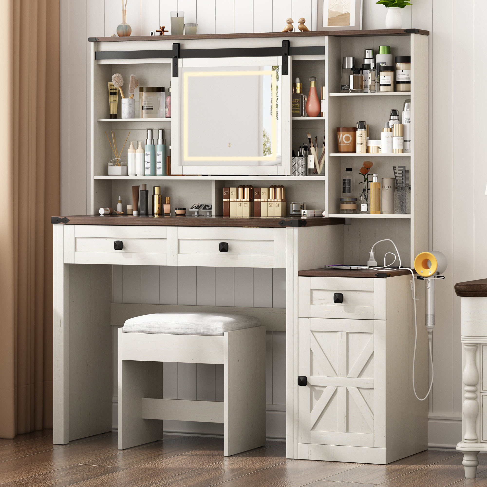 Gracie Oaks Barn Door Makeup Vanity Set With Lighted Mirror Glass Top And Socket